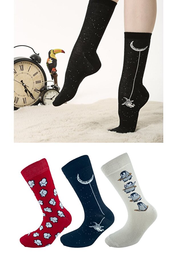 3 Pack Penguin Patterned Colorful Socks