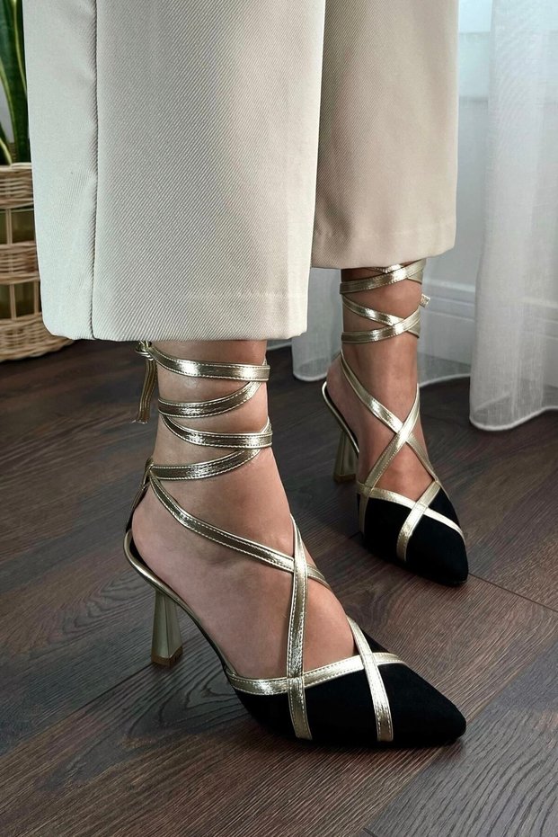 Women's Maggie Black Suede Ankle Strap Gold Piping Pointed Toe Heeled Shoes