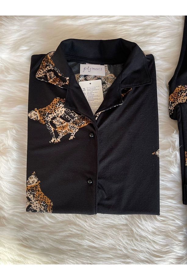 Leopar Desenli Süet Gömlek Yaka Uzun Kol Pijama Takımı - 4