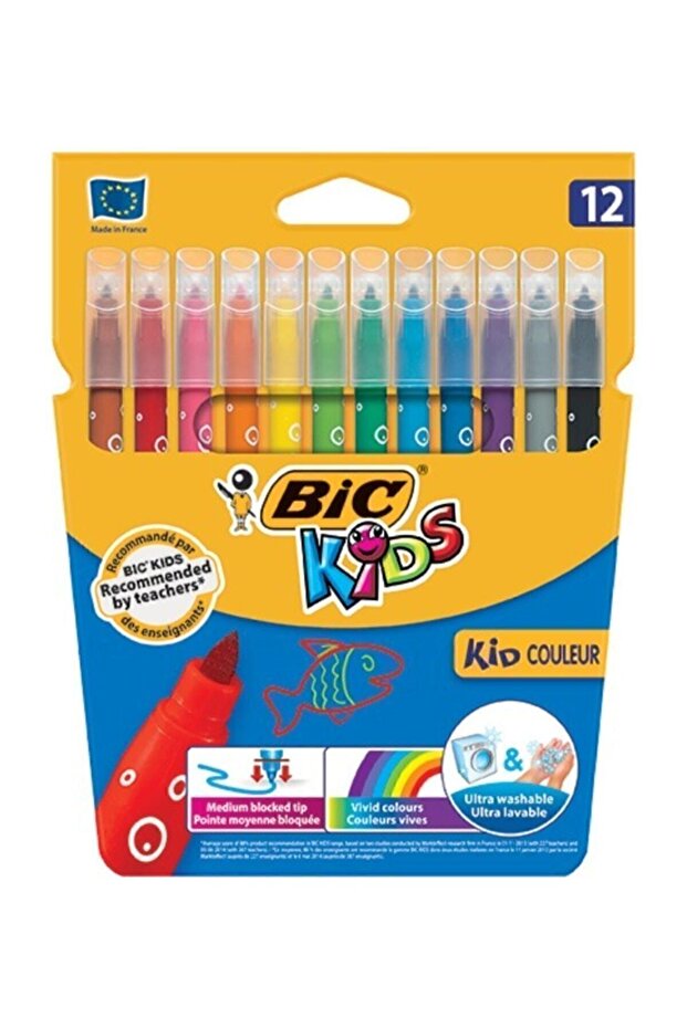 Unisex Children Yellow Kid Couleur Felt Tip Crayons Box of 12 Ultra Washable