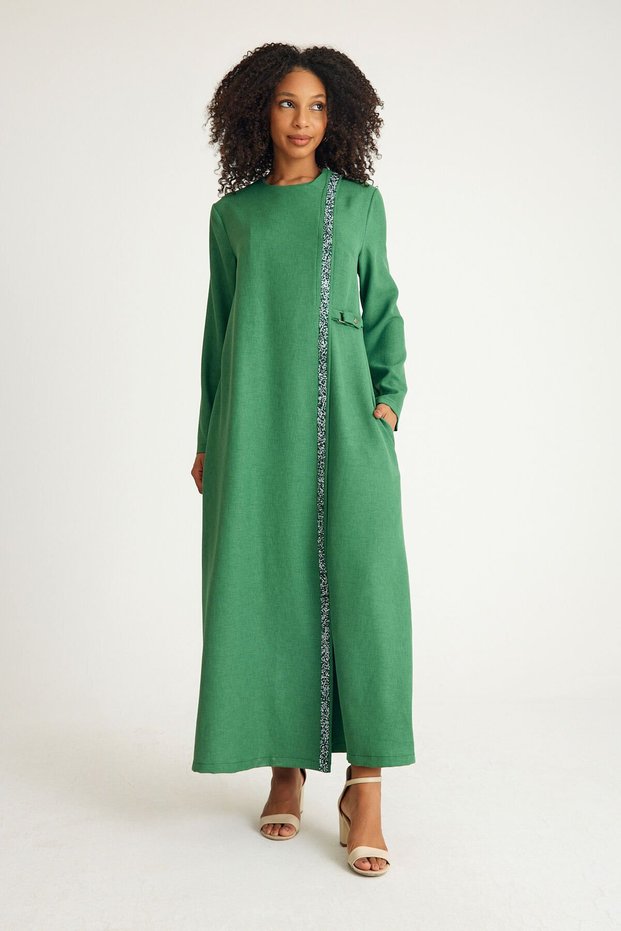 Green Long Abaya Ferace - Stone Detailed Lace up