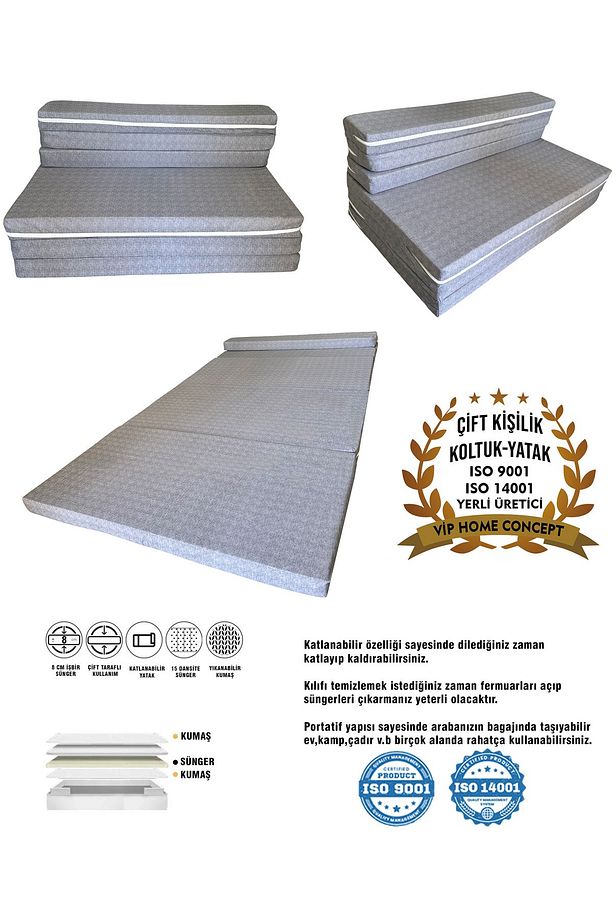 Çift Kişilik Katlanır Koltuk Katlanır Yatak Kanepe Yer Yatağı Çift Kişilik GRİ-120x195x8 CM - 1