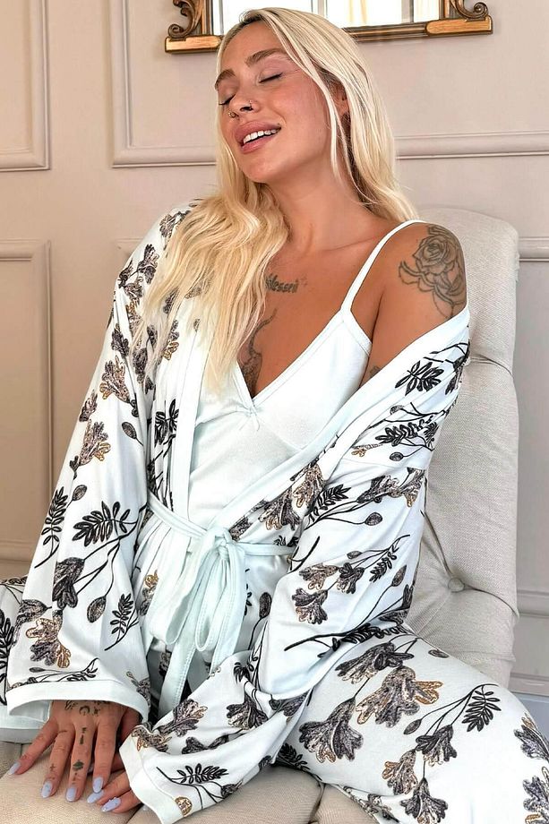 Mint Dallı Yaprak Desenli Termal Sabahlıklı Kadın Pijama Takımı - 1
