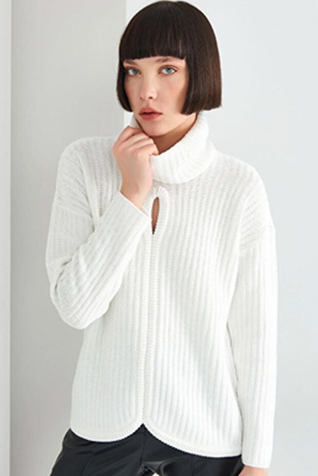 Boğazlı Örme Uzun Kollu Triko - 1