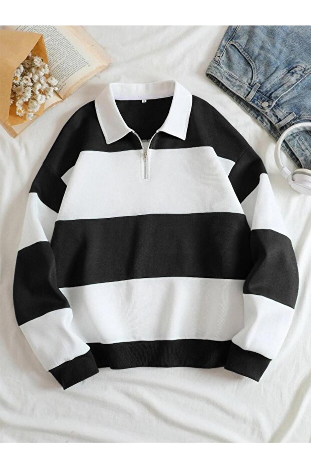 Unisex Black Striped Oversize Polo Neck Half Zipper Sweatshirt