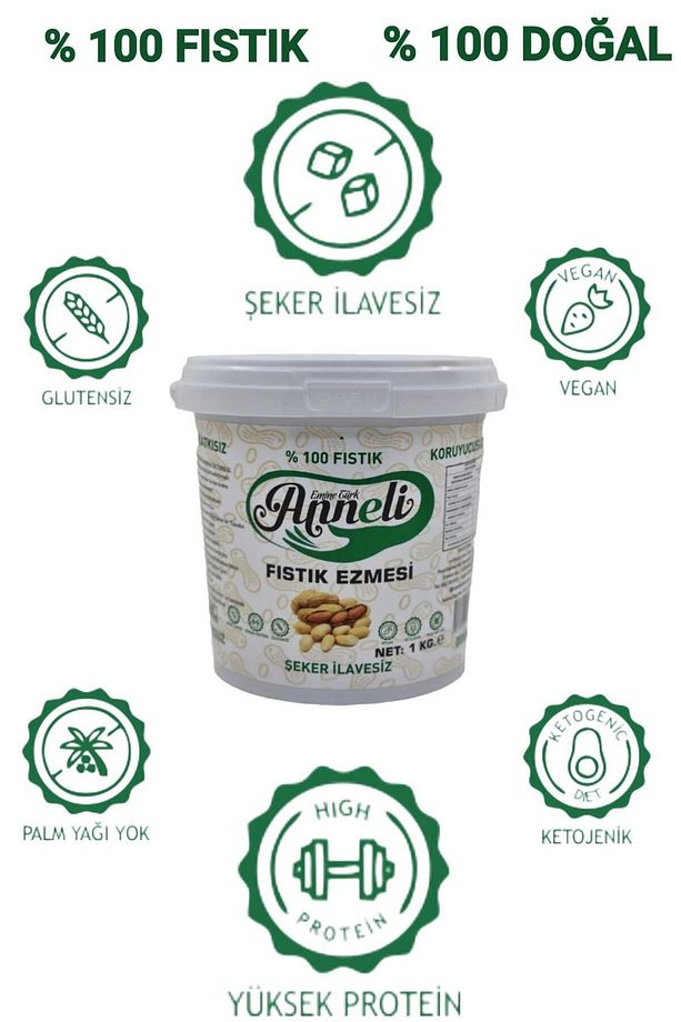 2 Adet X 1 Kg Fıstık Ezmesi Şekersiz Sade Annemeli Ile %100 Doğal %100 Fıstık - 3