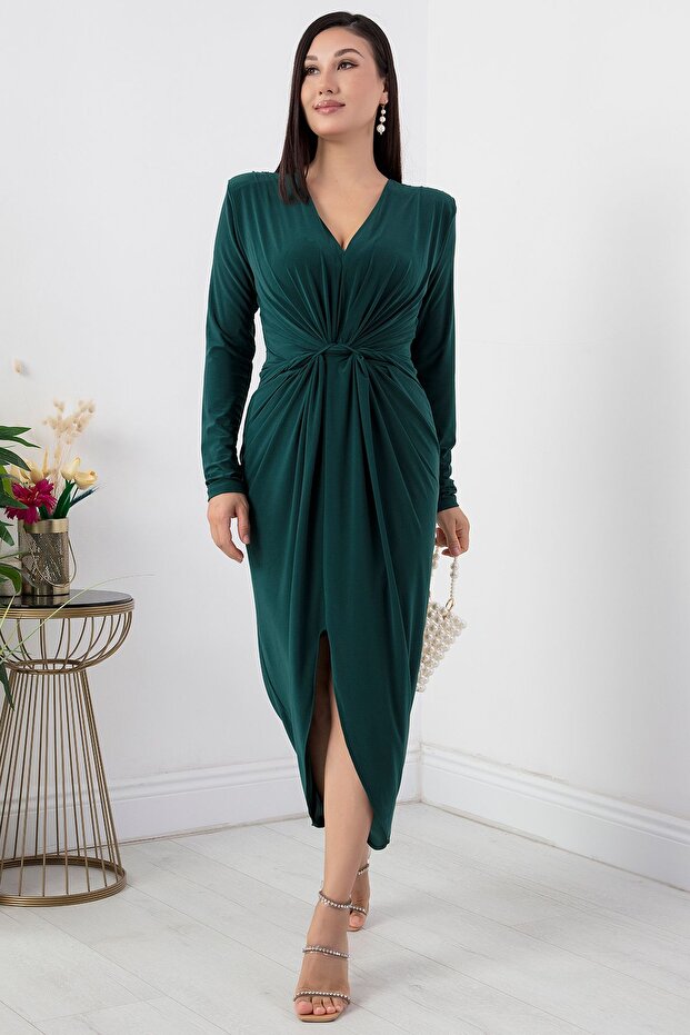 V Yaka Uzun Kol Sandy Elbise NY4411 - 4