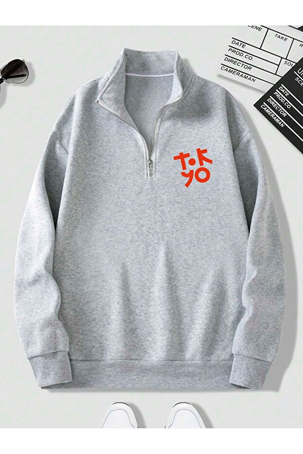 Gray Men's Tokyo Printed Stand Collar Half Zipper Pullover Sweatshirt
