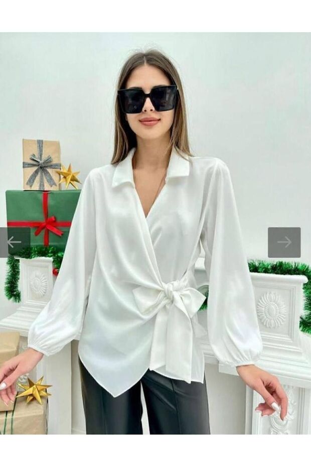 Satin Double Breasted Collar Side Tie Shirt Blouse