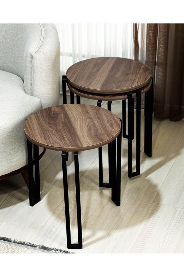 Servis Üçlü Sehpa Yuvarlak Ceviz Tabla Siyah Metal Ayak - 2