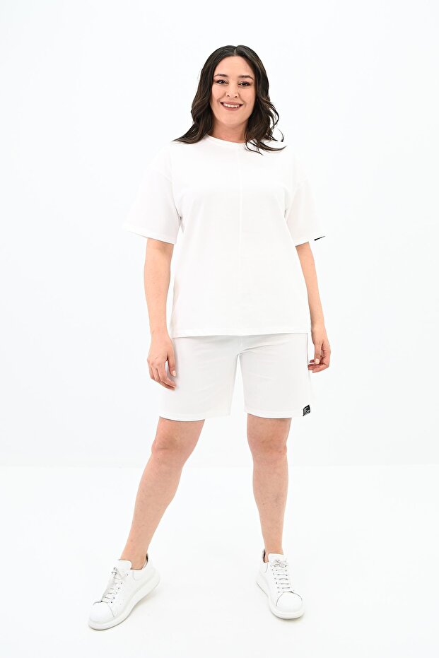 Women's Large Size Sleeve Detailed Shorts Suit 8101-24