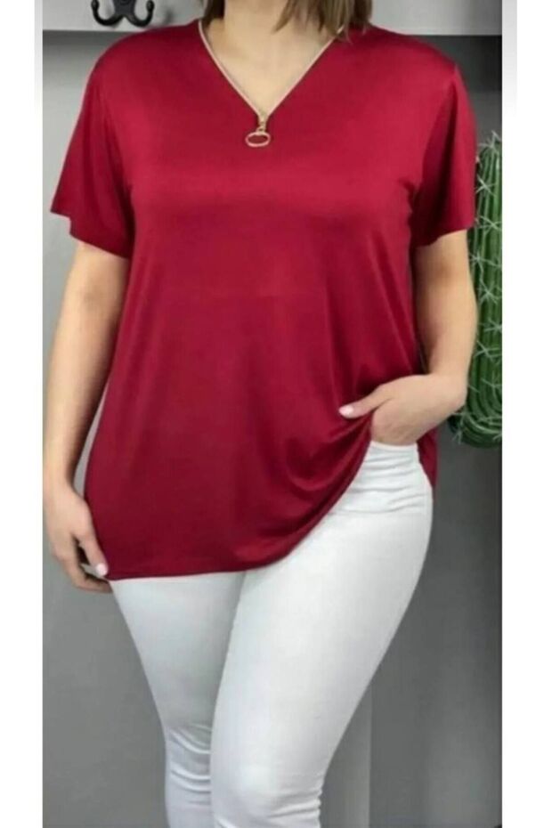 Claret Red Viscose Fabric Zipper Detailed Short Sleeve Comfortable Plus Size Women's Blouse
