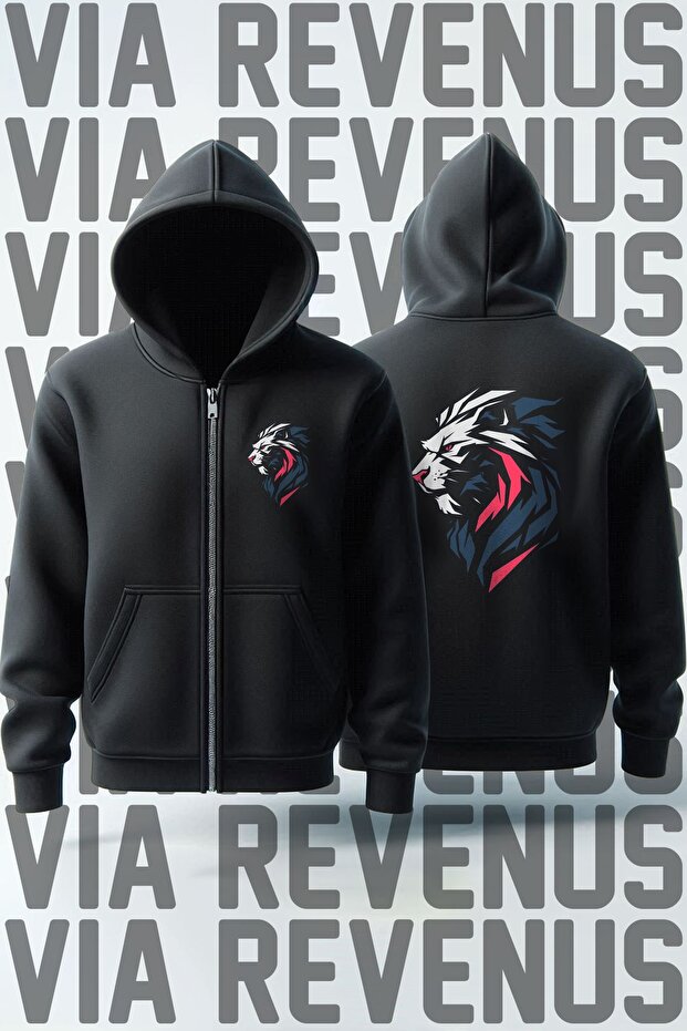 Lion Front and Back Printed Unisex Zippered Hooded Sweatshirt Cardigan