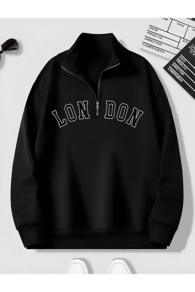 Black Men's London Printed Stand Collar Half Zipper Plain Pullover Sweatshirt