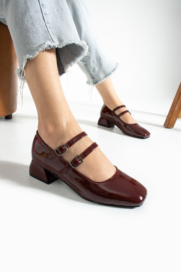 Women's Mary Jane Claret Red Patent Leather Cherry Red Back Closed Double Band Square Toe Short Block Heeled Shoes