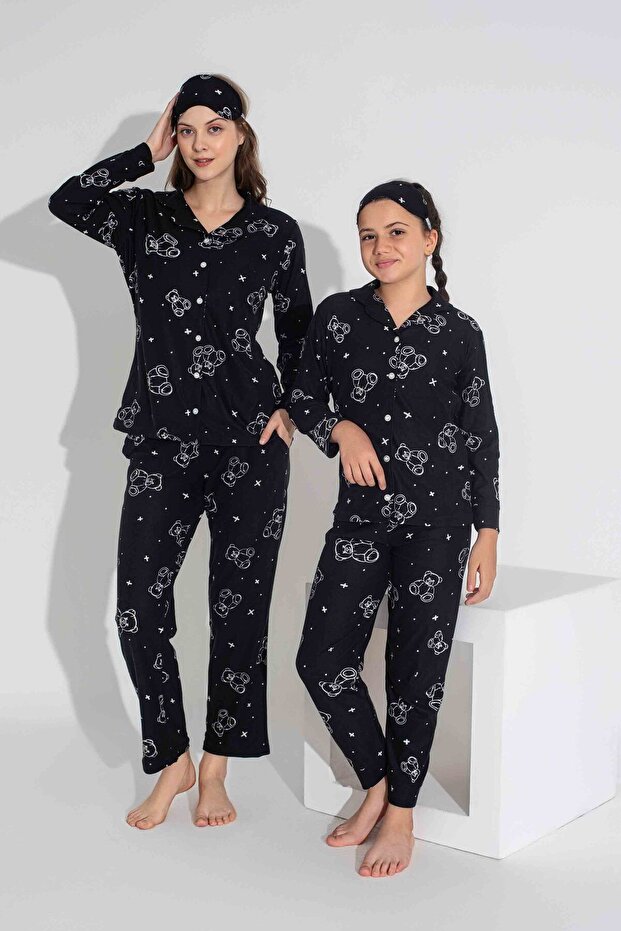Women's Teddy Bear Patterned Front Buttoned Mother Girl Combination Suede Velvet Winter Warm Pajamas Set