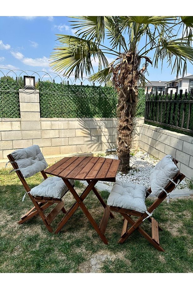Minderli Balkon Bahçe Mutfak 3lü Sekizgen Set Katlanır Masa Sandalye 70*70 - 1