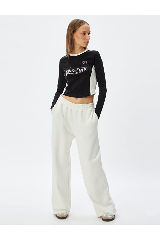 Crop T-Shirt Long Sleeve Slogan Printed Color Block Crew Neck Slim Fit