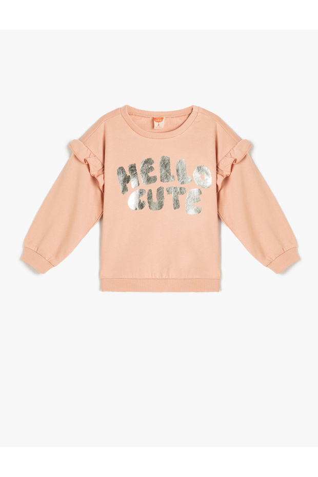 Ruffled Sweatshirt Printed Long Sleeve Crew Neck Ribbed Cotton