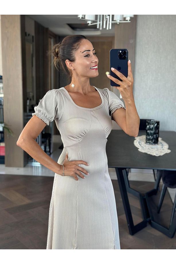 Vizon Fitilli Örme Kumaş Prenses Kol Yırtmaçlı Kadın Elbise - 6