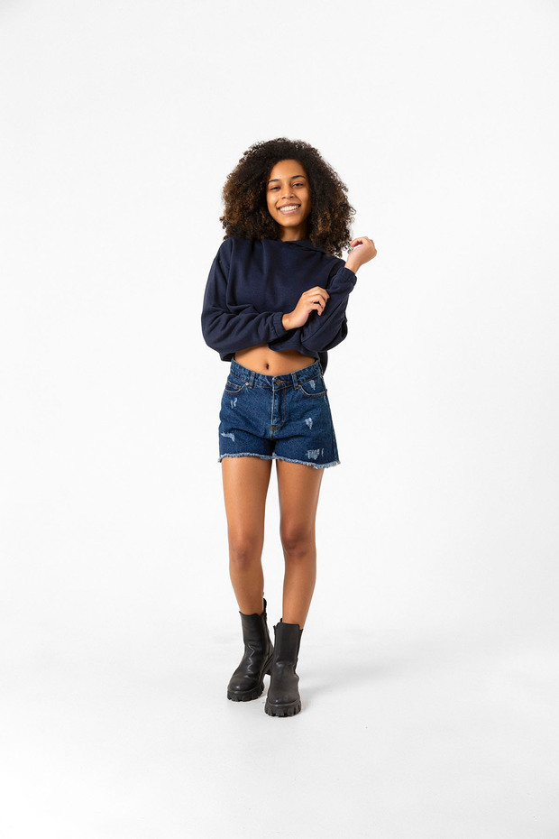 Basic Lacivert Kapüşonlu Crop Sweatshirt - 7