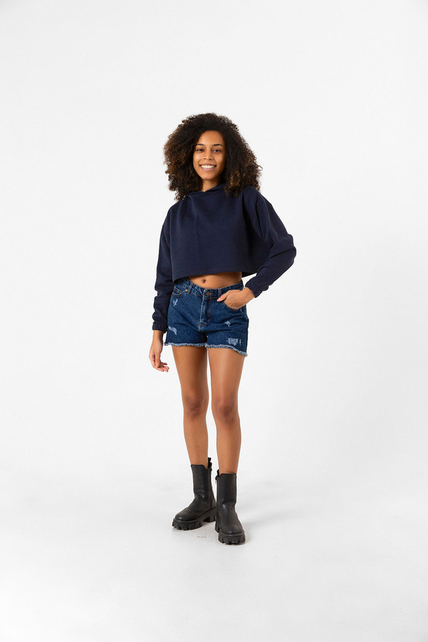 Basic Lacivert Kapüşonlu Crop Sweatshirt - 8
