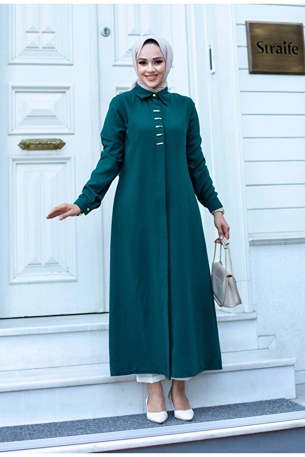 Long Ferace Tunic with Hidden Buttons and Buckle Detail on the Front