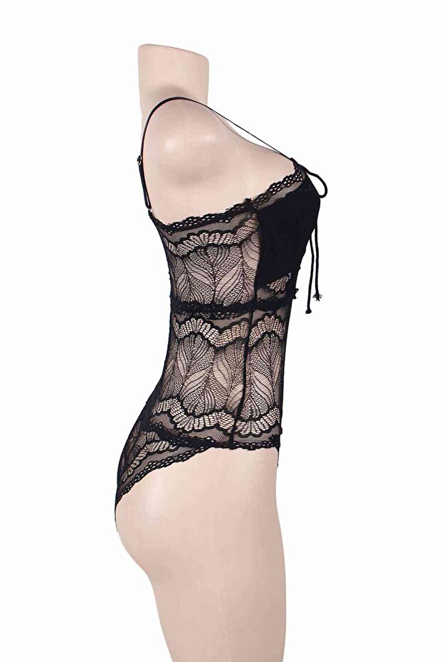 Koronkowa, haftowana, czarna koszula nocna - 5