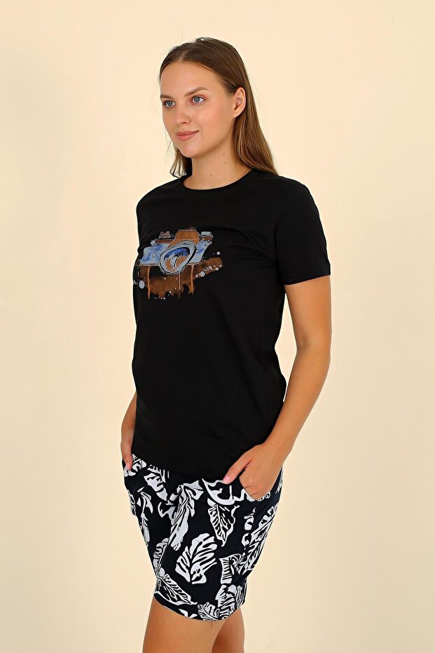 Women's Short Sleeve Combed Cotton Pajama Suit with Shorts Black 3622