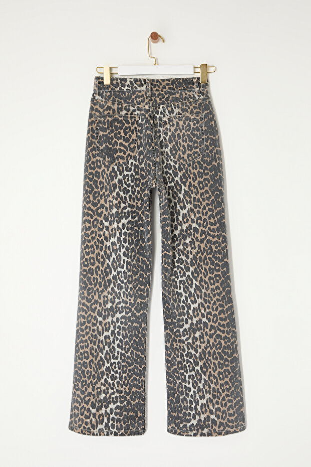 Çok Renkli Leopar Desenli Kahverengi Yüksek Bel Orta Esnek Wide Leg Jeans TWOAW25JE00309 - 11