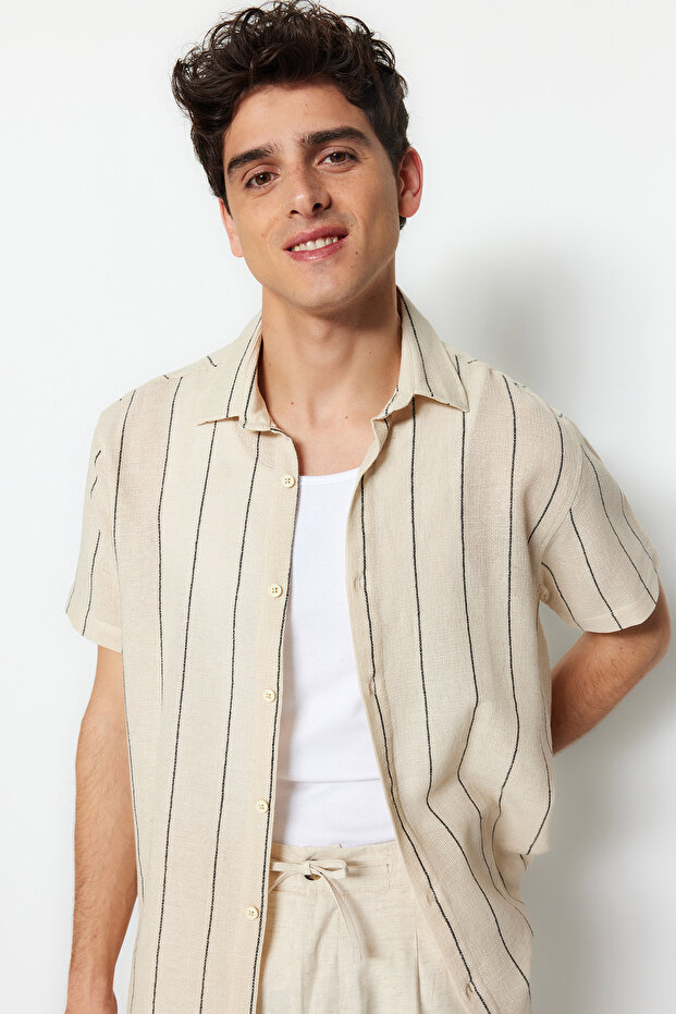Siyah Regular Fit Çizgili Dokulu Yazlık Gömlek TMNSS23GO00063 - 3
