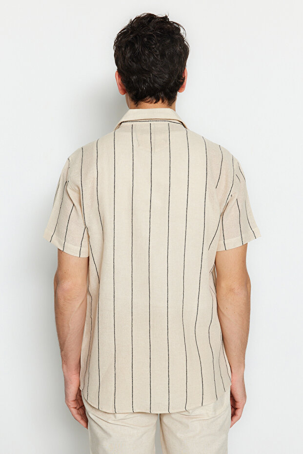 Siyah Regular Fit Çizgili Dokulu Yazlık Gömlek TMNSS23GO00063 - 5