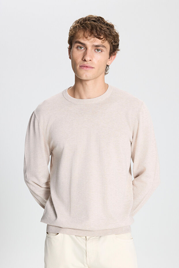 Men's Beige Melange Standard Fit Regular Cut Crew Neck Knitwear Sweater