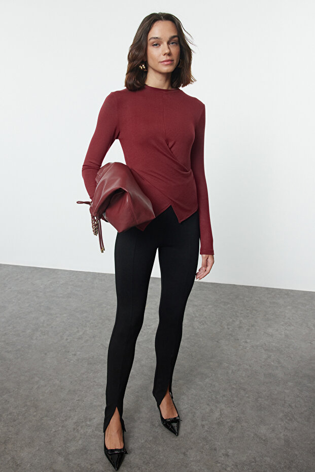 Bordo Kruvaze Büzgü/Drape Detaylı Slim/Vücuda Oturan Örme Bluz TWOAW25BZ00216 - 3