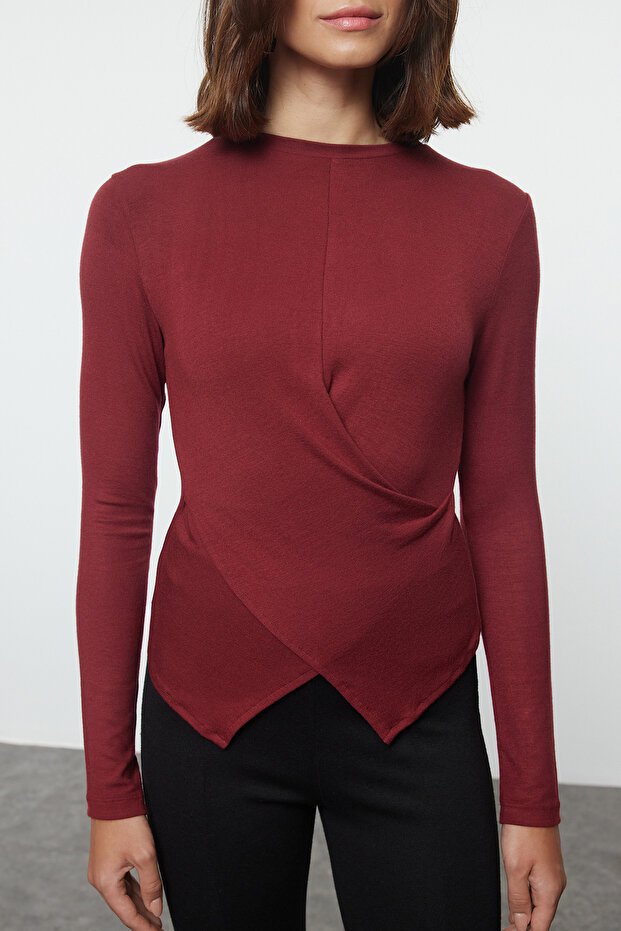 Bordo Kruvaze Büzgü/Drape Detaylı Slim/Vücuda Oturan Örme Bluz TWOAW25BZ00216 - 4