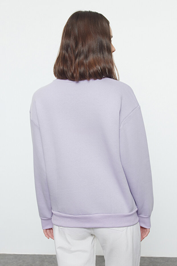 Lila Kalın İçi Polarlı Regular/Normal Kalıp Bisiklet Yaka Basic Örme Sweatshirt TWOAW24SW00101 - 3