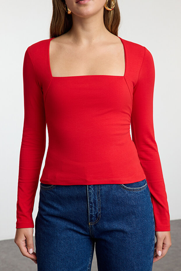 Kırmızı Kare Yaka Büzgü/Drape Detaylı Slim/Vücuda Oturan Örme Bluz TWOAW25BZ00194 - 3
