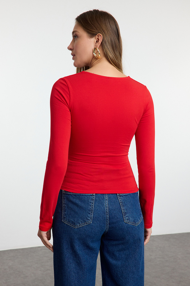 Kırmızı Kare Yaka Büzgü/Drape Detaylı Slim/Vücuda Oturan Örme Bluz TWOAW25BZ00194 - 5