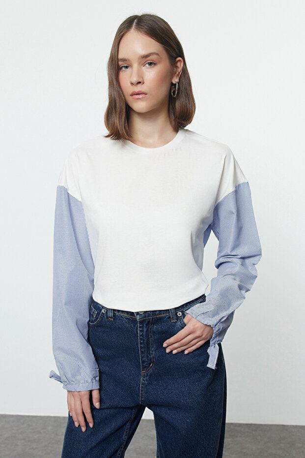 Ecru Poplin Detailed Relaxed/Casual Fit Knitted Blouse Twoaw25Bz00036