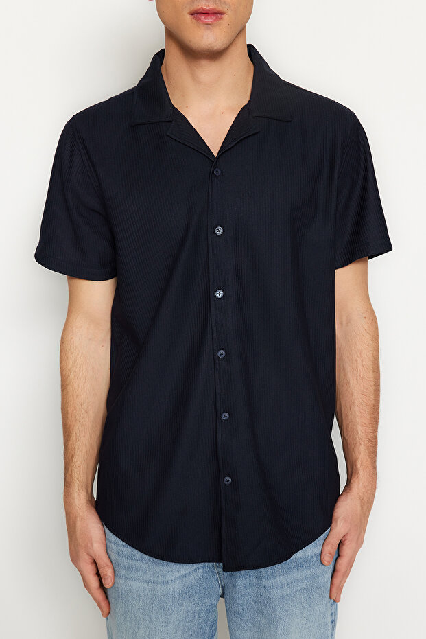 Lacivert Regular Fit Apaş Yaka Yazlık Gömlek TMNSS23GO00105 - 5