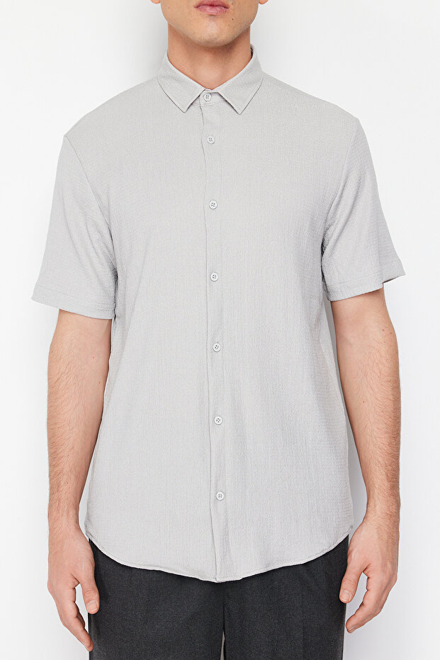 Gri Regular Fit Kısa Kol Yazlık Dokulu Bürümcük Örme Gömlek TMNSS23GO00055 - 4
