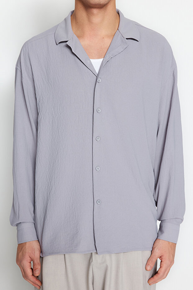 Gri Oversize Fit Apaş Yaka Yazlık Keten Görünümlü Gömlek TMNSS23GO00053 - 11