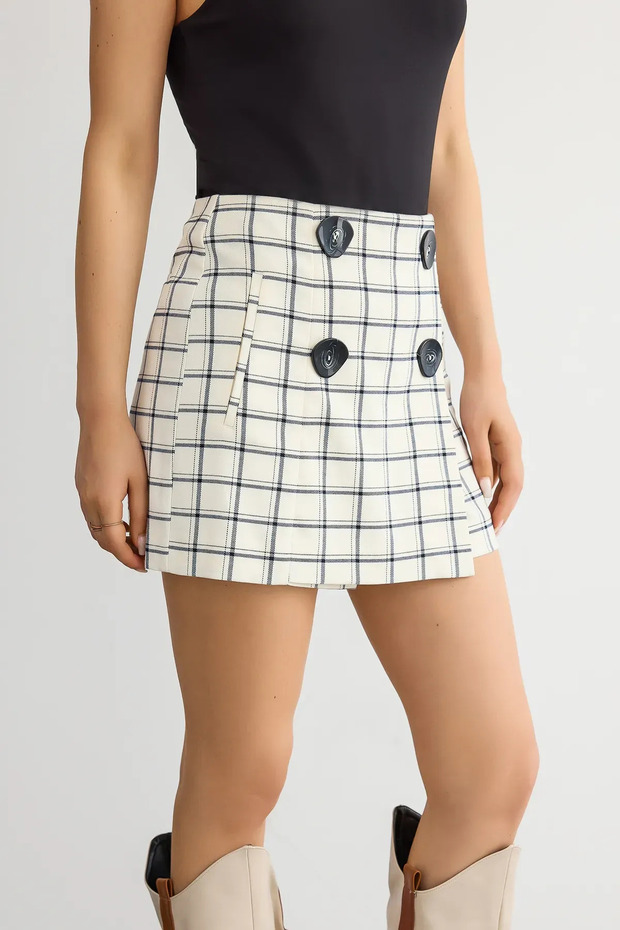 Kontrollü Yüksek Bel Düğme Detaylı Mini Şort Etek - 3