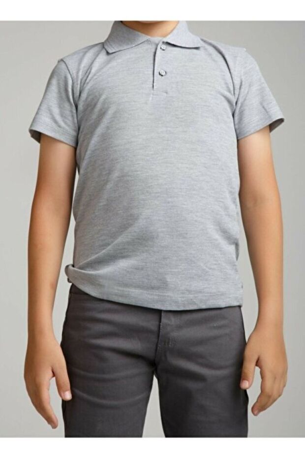 Gri Unısex Penye Polo Yaka T-shirt - 1