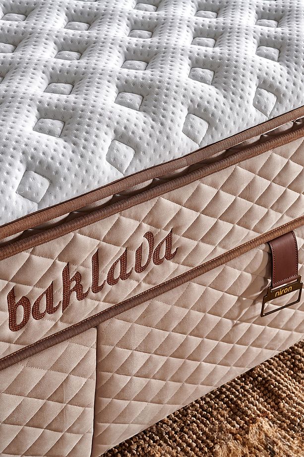 Baklava Lüks Yatak Seti Çift Kişilik Ultra Ortopedik Sert Yatak Özel Kumaş Krem Baza Ve Başlık Takım - 5