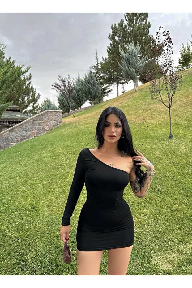 Kadın Tek Omuz Basic Mini Elbise - 2