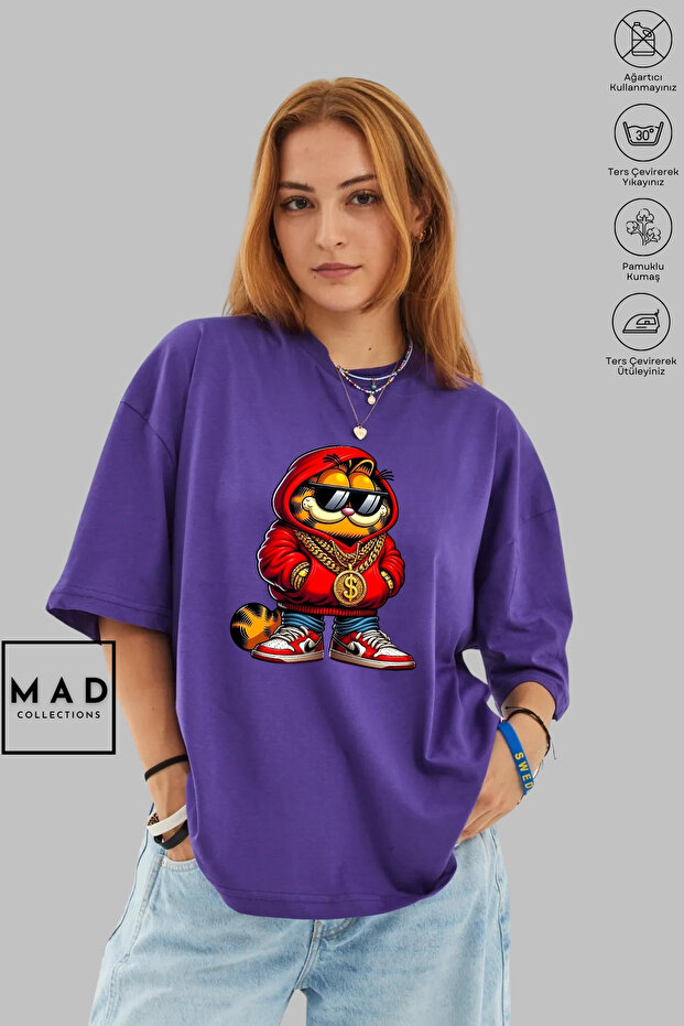 Unisex Oversize Crew Neck Cotton DOLAR NECKLACE GARFIELD Printed Short Sleeve T-Shirt