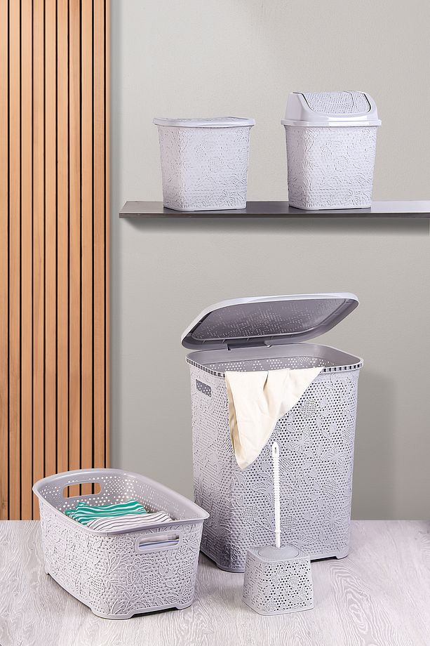 Dantel Desen 5 Parça Banyo Seti Kirli Sepeti Çamaşır Selesi Deterjanlık Wc Fırça Çeyiz Seti - 1
