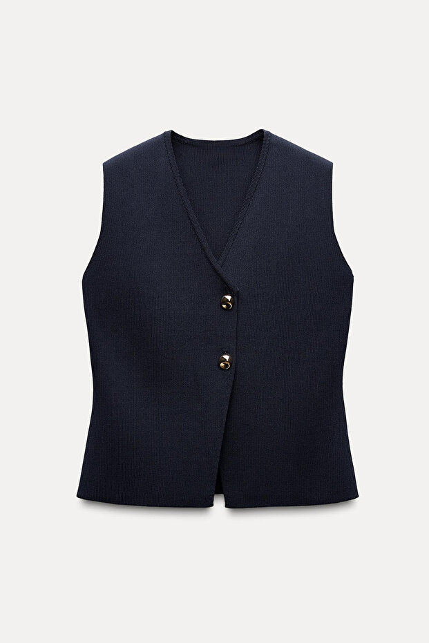 Women's Black Gold Button Plain Knit Top Vest