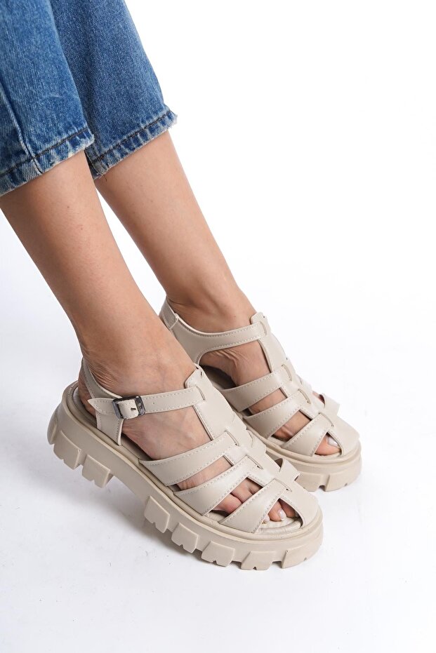 Women's Petra Cream High Sole Cage Model Sandals 950